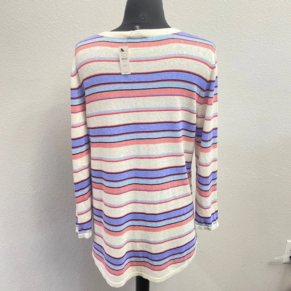 Talbots Womens PM Multi Stripe Linen Blend Split Neck‎ Sweater NEW 3/4 Sleeve